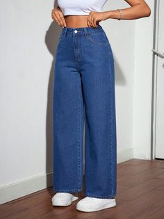 Wide-leg Denim Jeans-Classic  Blue