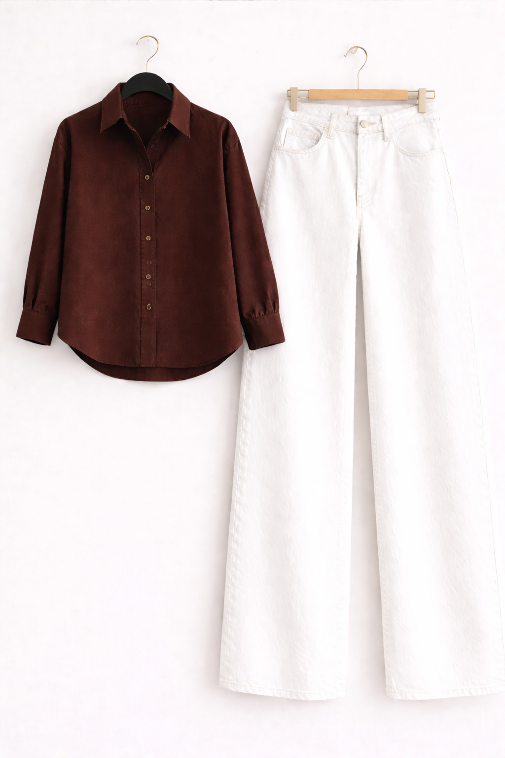 Brown Button Down Shirt With Wide Leg Jeans