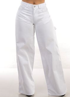 Wide-Leg Denim Jeans-Solid White