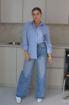 Striped Button Down Shirt With Wide Leg Jeans