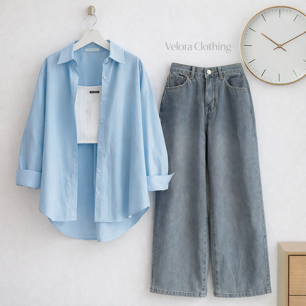 BUTTON DOWN SHIRT WITH WIDE LEG JEANS