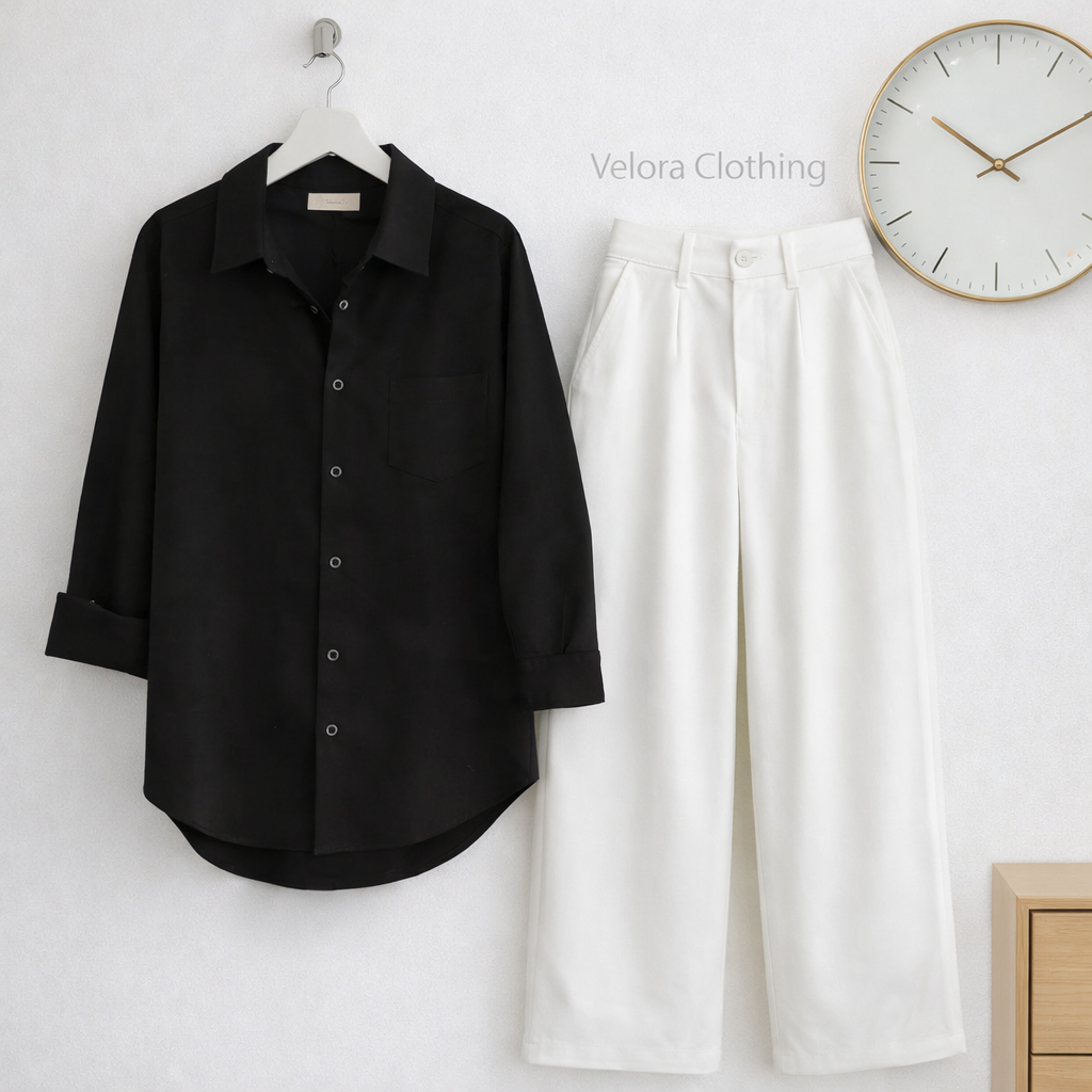 BUTTON DOWN SHIRT WITH WIDE LEG JEANS