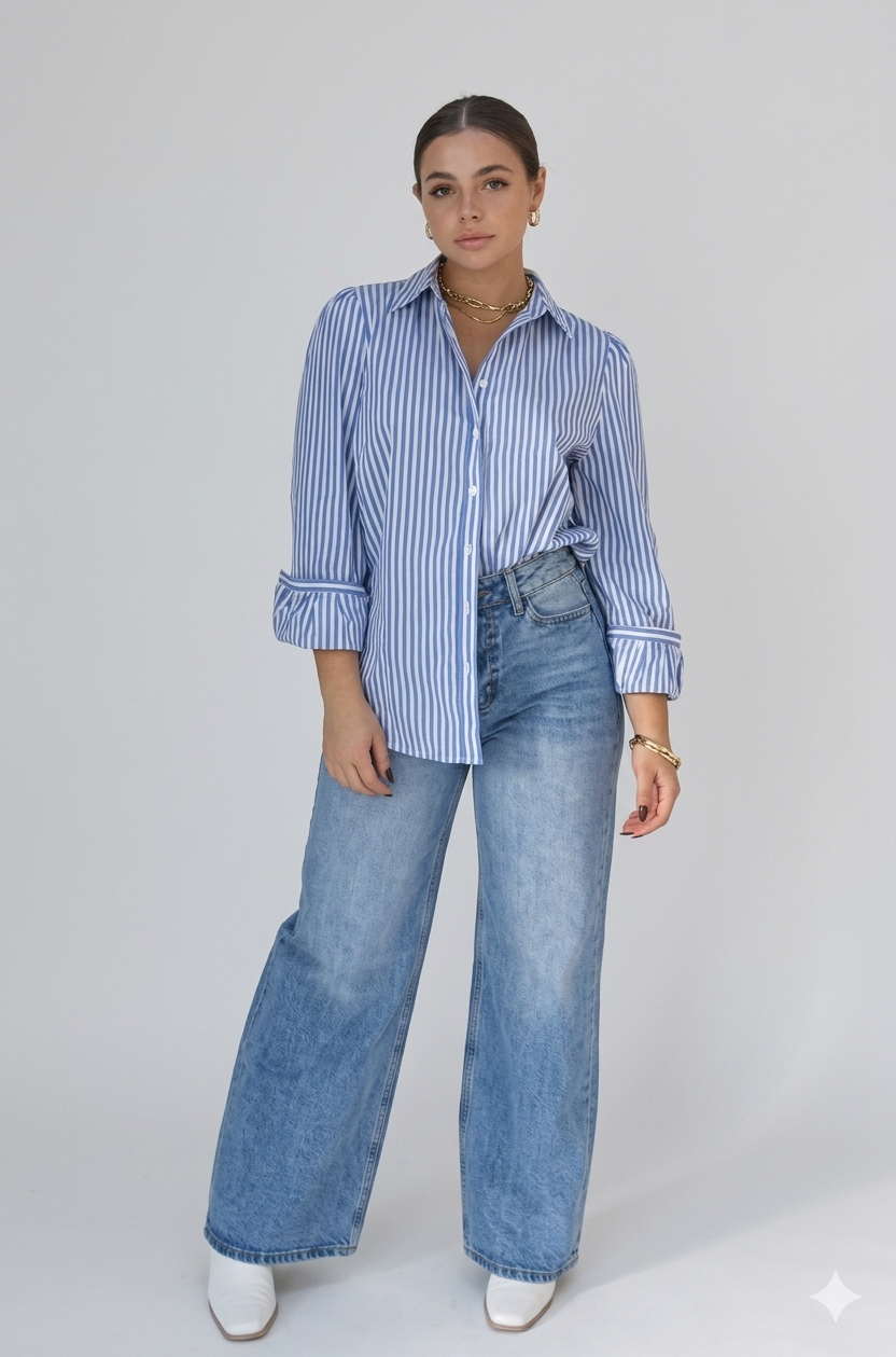 Striped Button Down Shirt With Wide Leg Jeans
