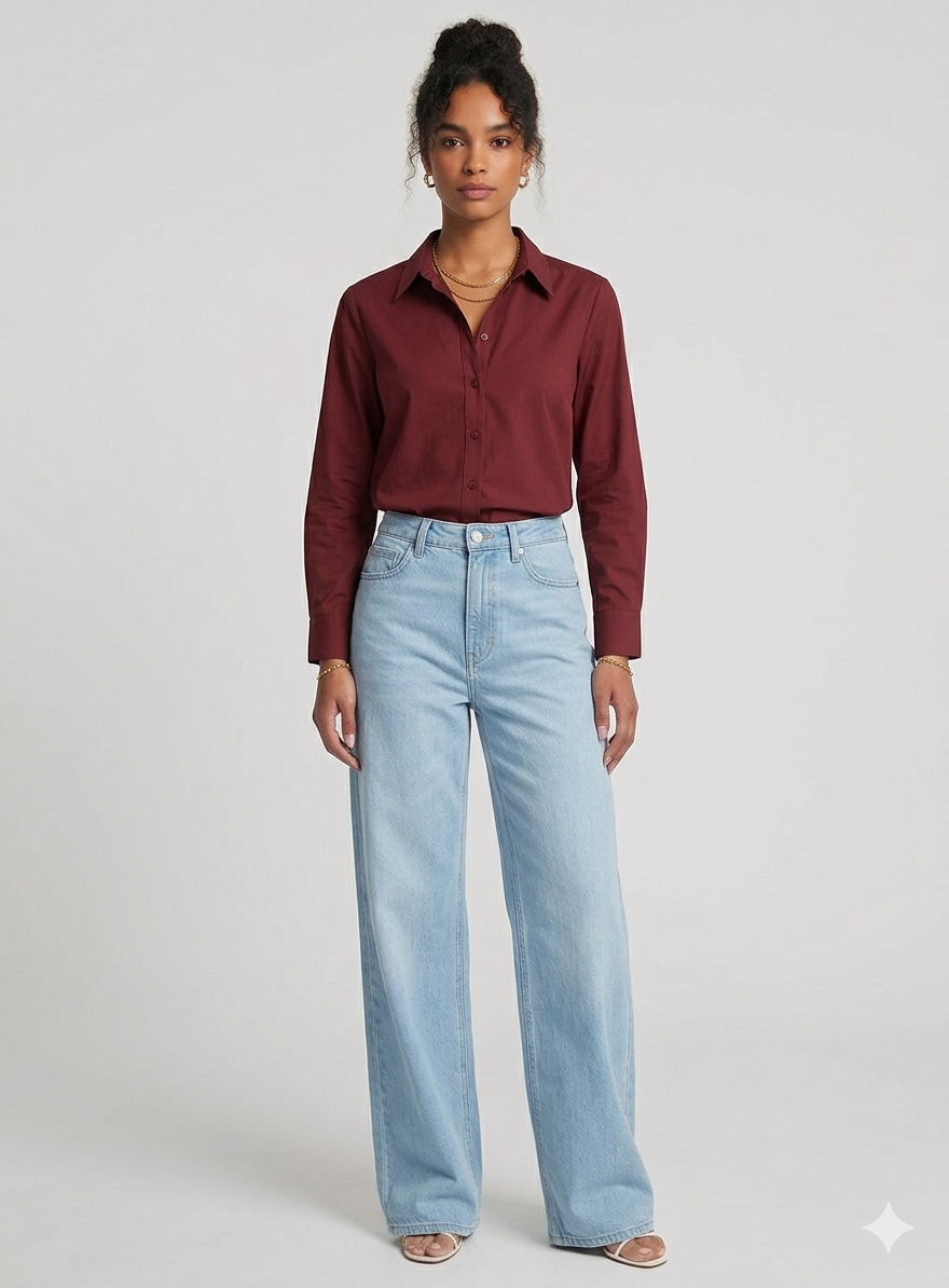 Maroon Button Down Shirt & Ice-blue Wide Leg Jeans
