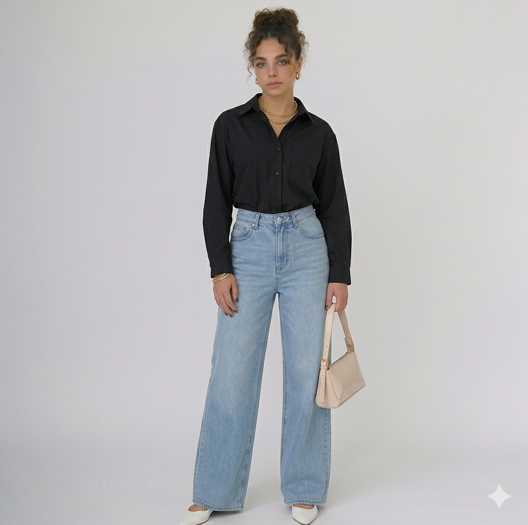 BUTTON DOWN SHIRT WITH WIDE LEG JEANS