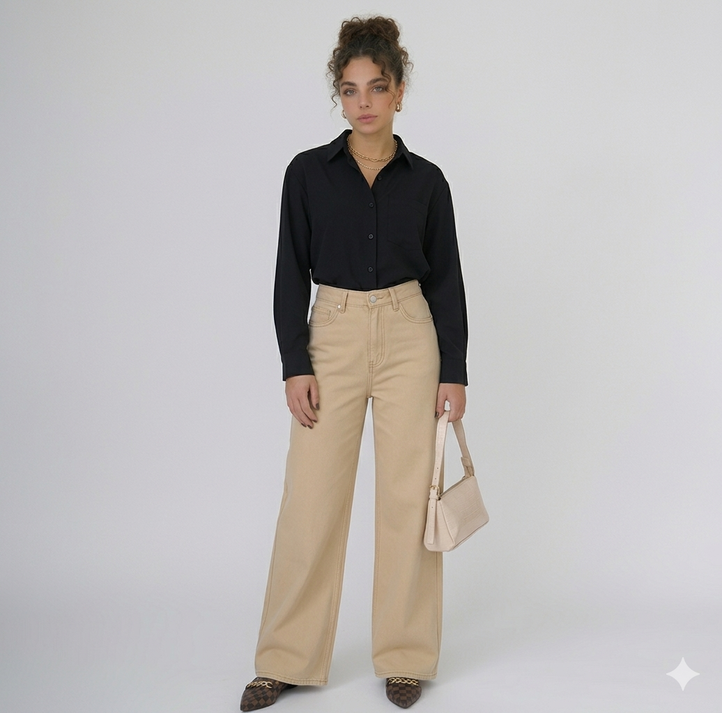 BUTTON DOWN SHIRT WITH WIDE LEG JEANS