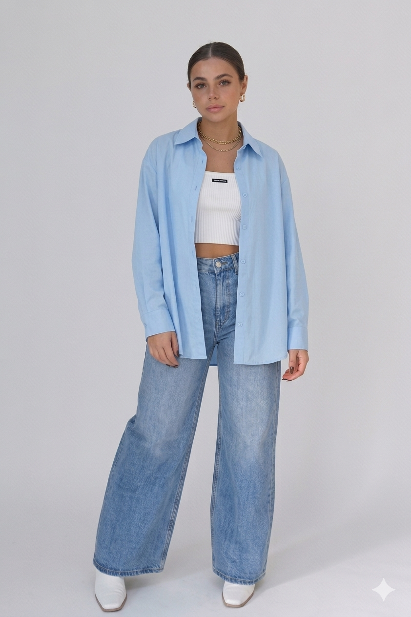 BUTTON DOWN SHIRT WITH WIDE LEG JEANS