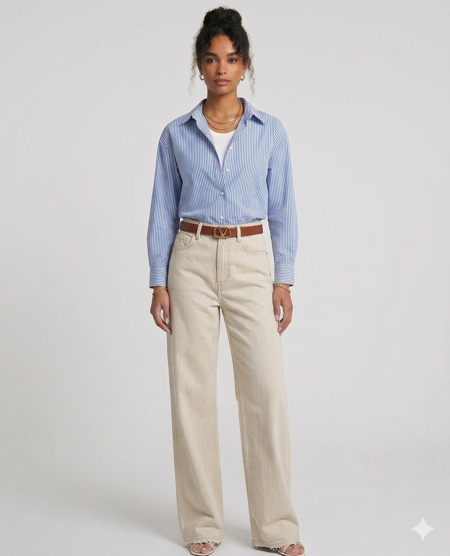 Striped Button Down Shirt With Wide Leg Jeans