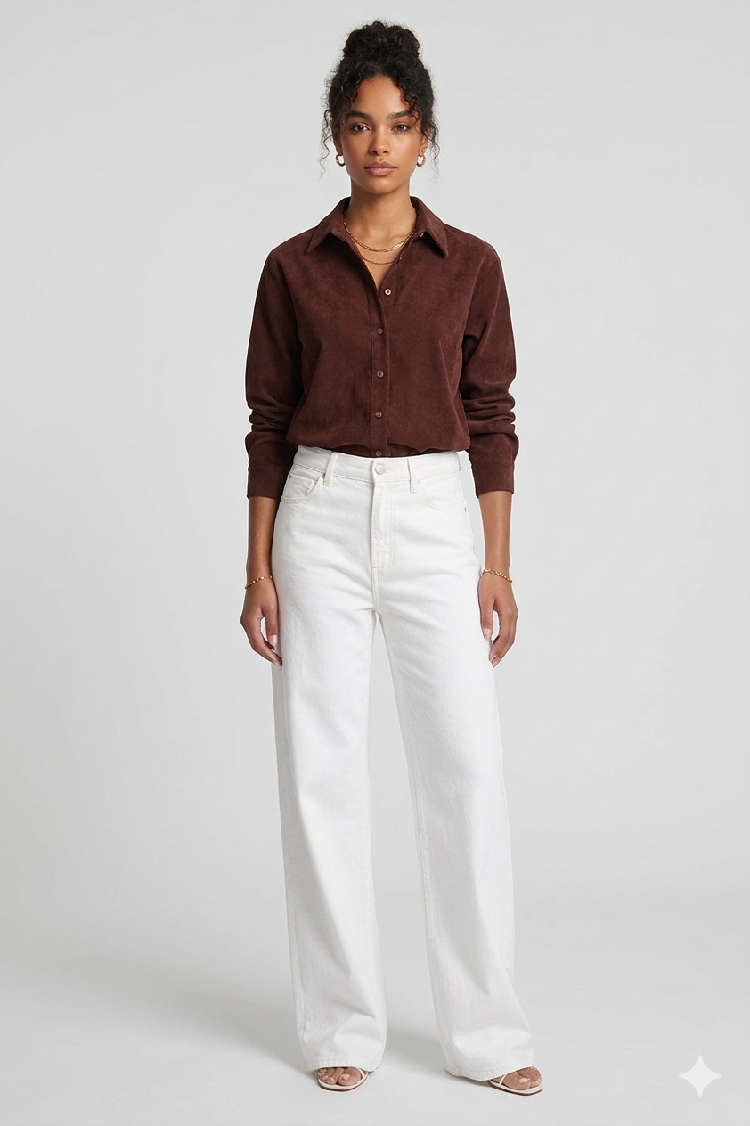 Brown Button Down Shirt With Wide Leg Jeans