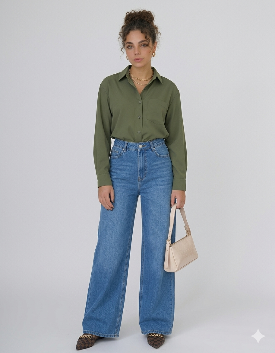 BUTTON DOWN SHIRT WITH WIDE LEG JEANS