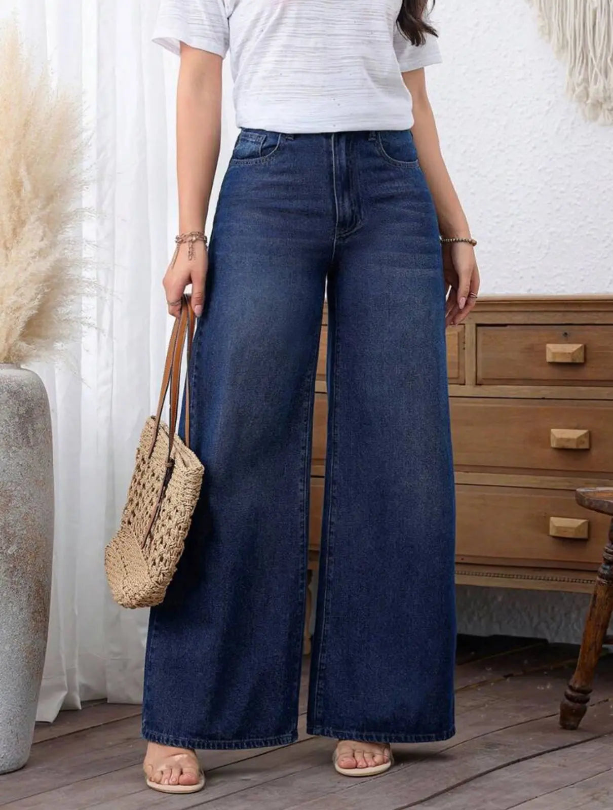 Dark Wash Casual Wide-Leg Jeans