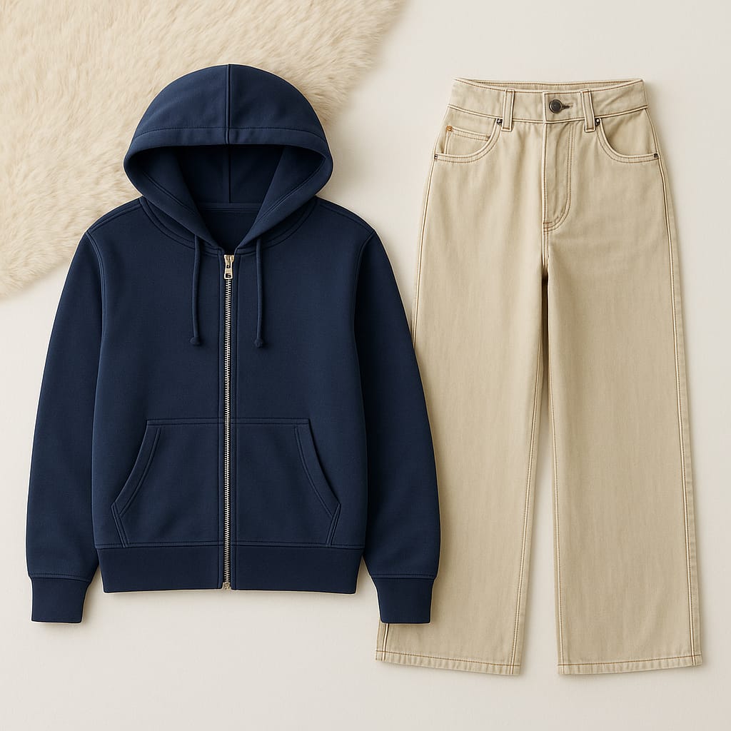 Zipper Hoodie with Beige Wide Leg Jeans