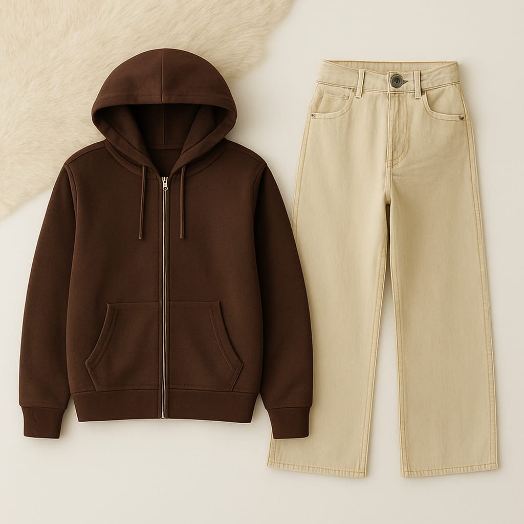 Zipper Hoodie with Beige Wide Leg Jeans