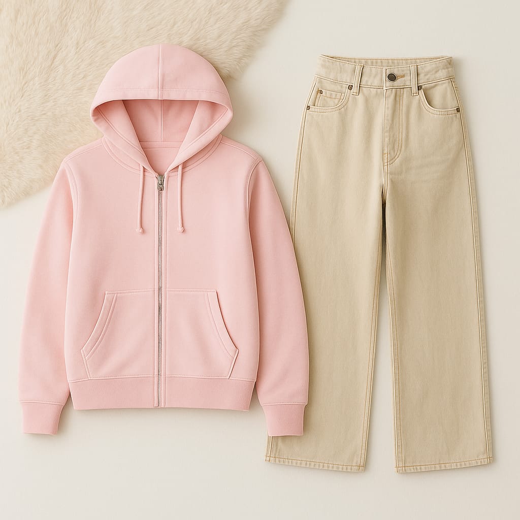 Zipper Hoodie with Beige Wide Leg Jeans