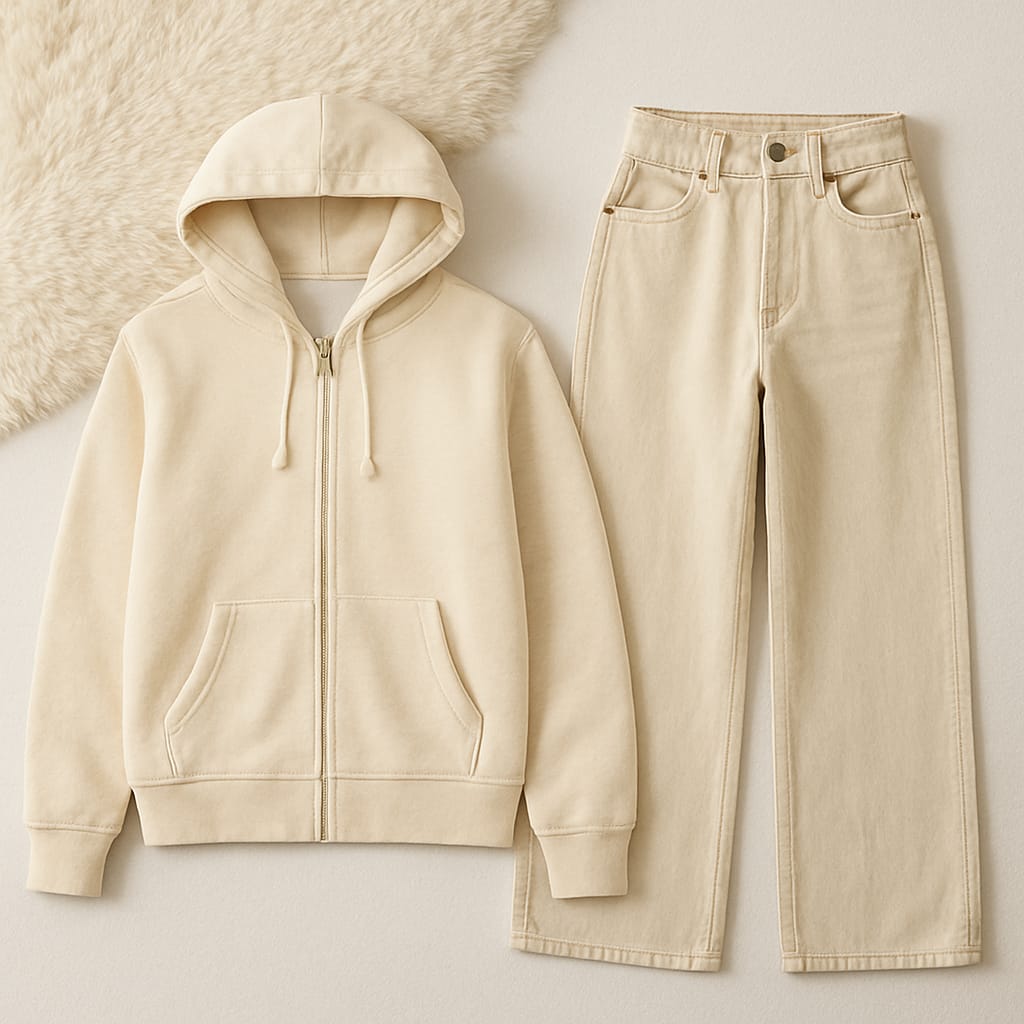 Zipper Hoodie with Beige Wide Leg Jeans