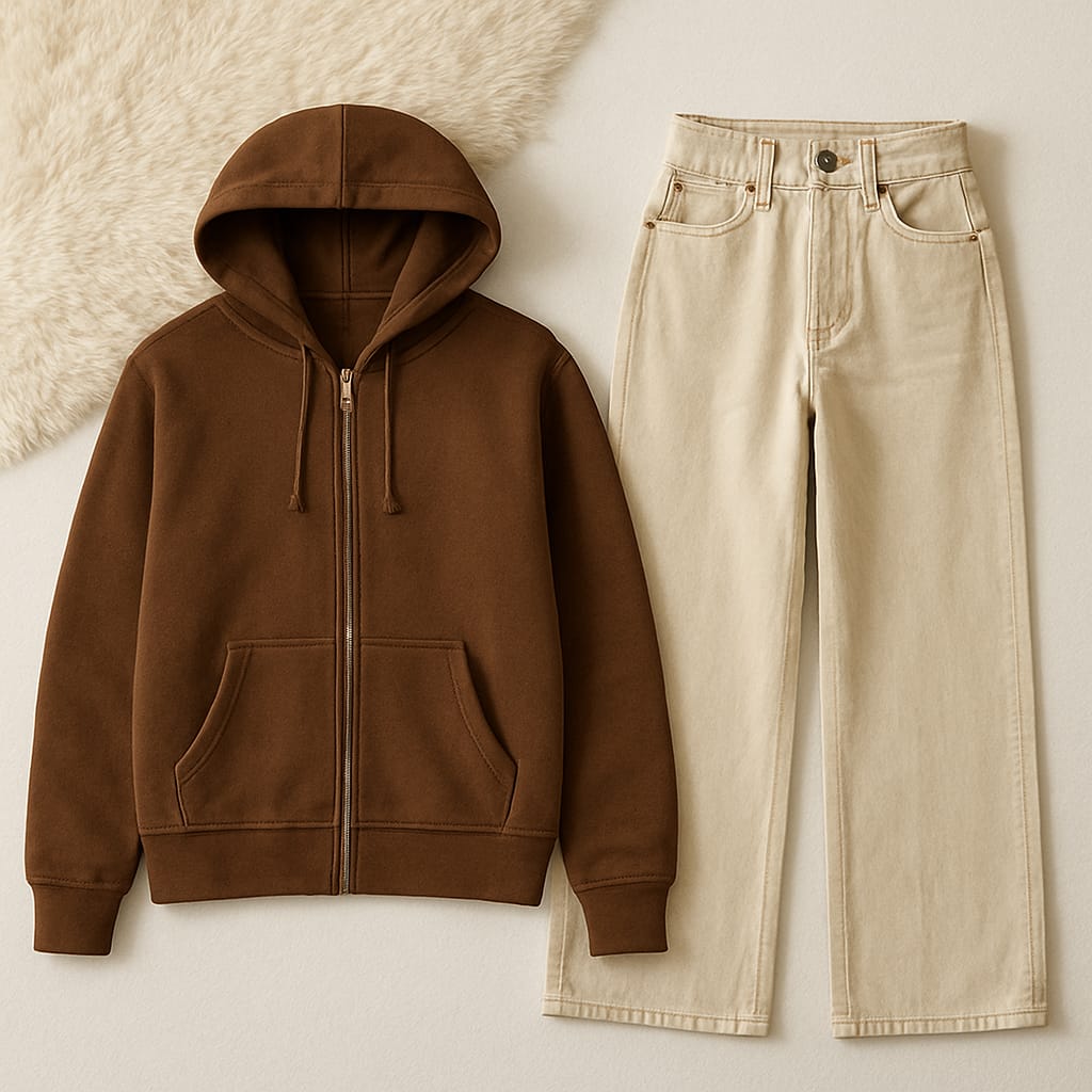 Zipper Hoodie with Beige Wide Leg Jeans