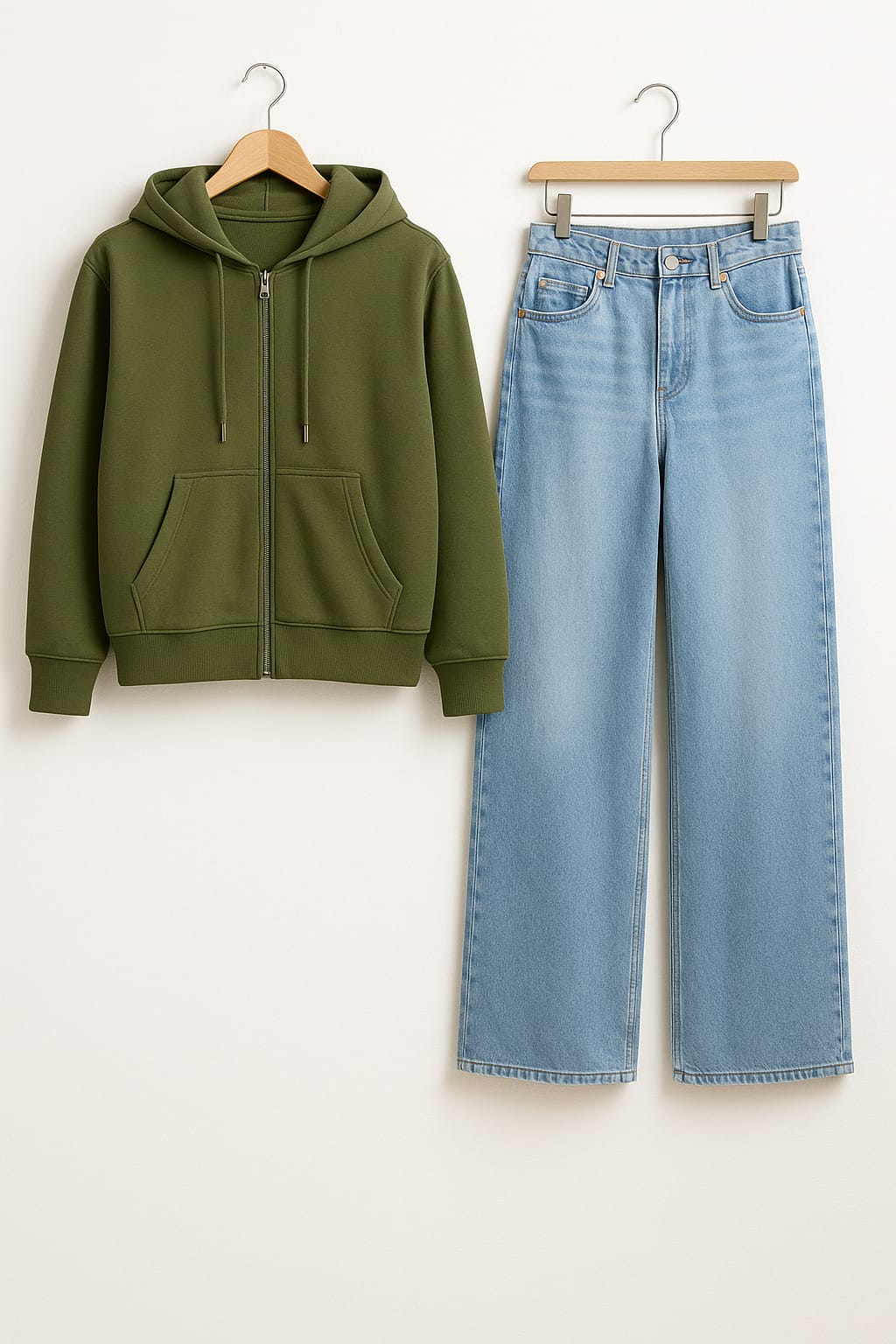 Zipper Hoodie With Iceblue Wide Leg Jeans