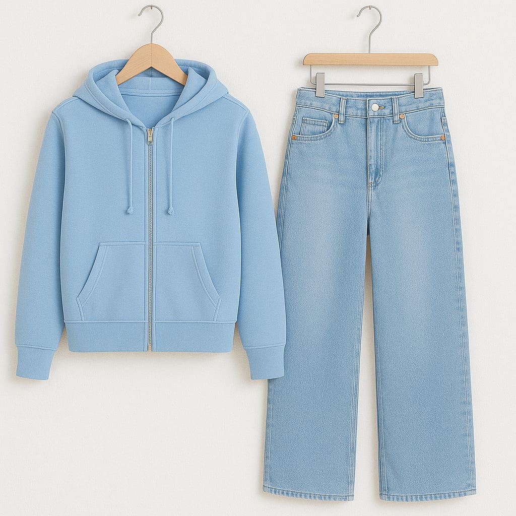Zipper Hoodie With Iceblue Wide Leg Jeans