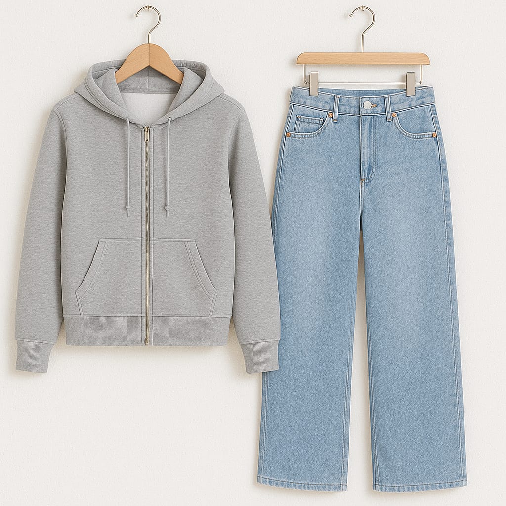 Zipper Hoodie With Iceblue Wide Leg Jeans