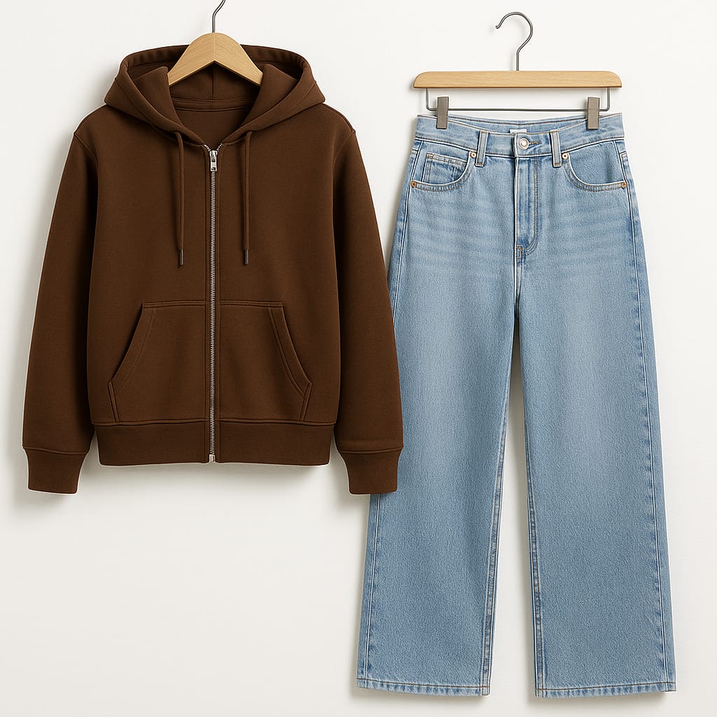 Zipper Hoodie With Iceblue Wide Leg Jeans