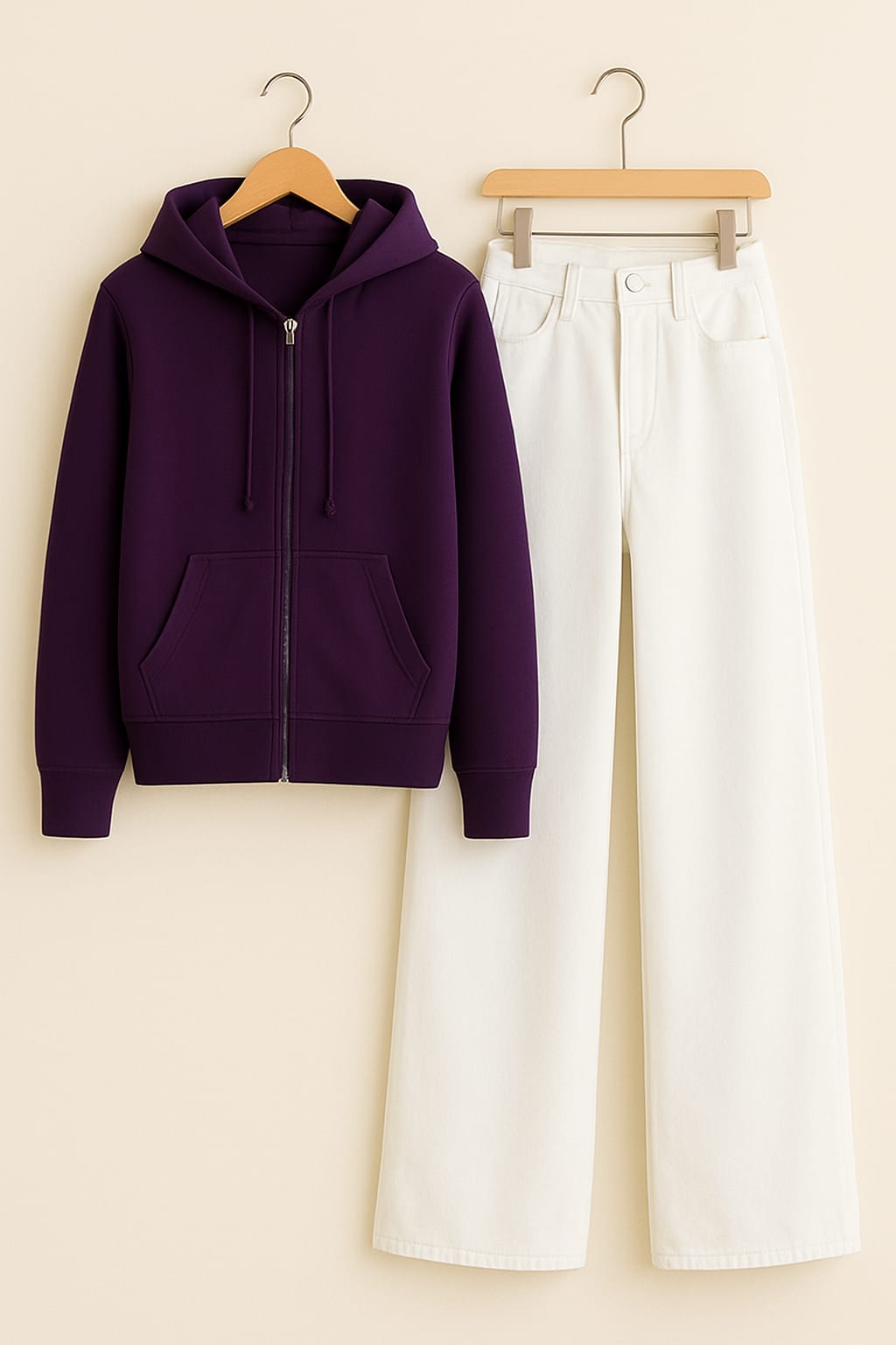 Zipper Hoodie With White Wide Leg Jeans
