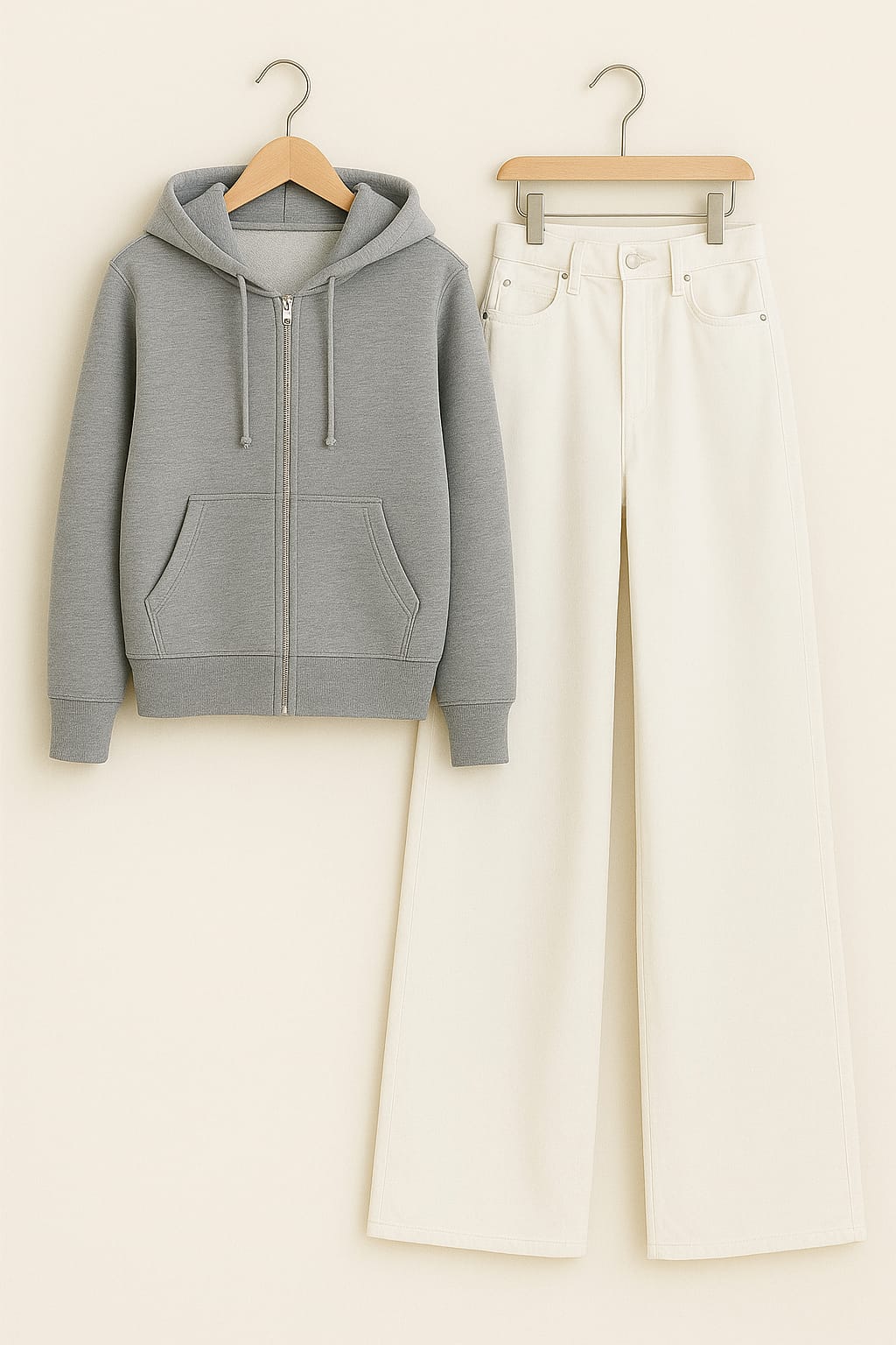 Zipper Hoodie With White Wide Leg Jeans
