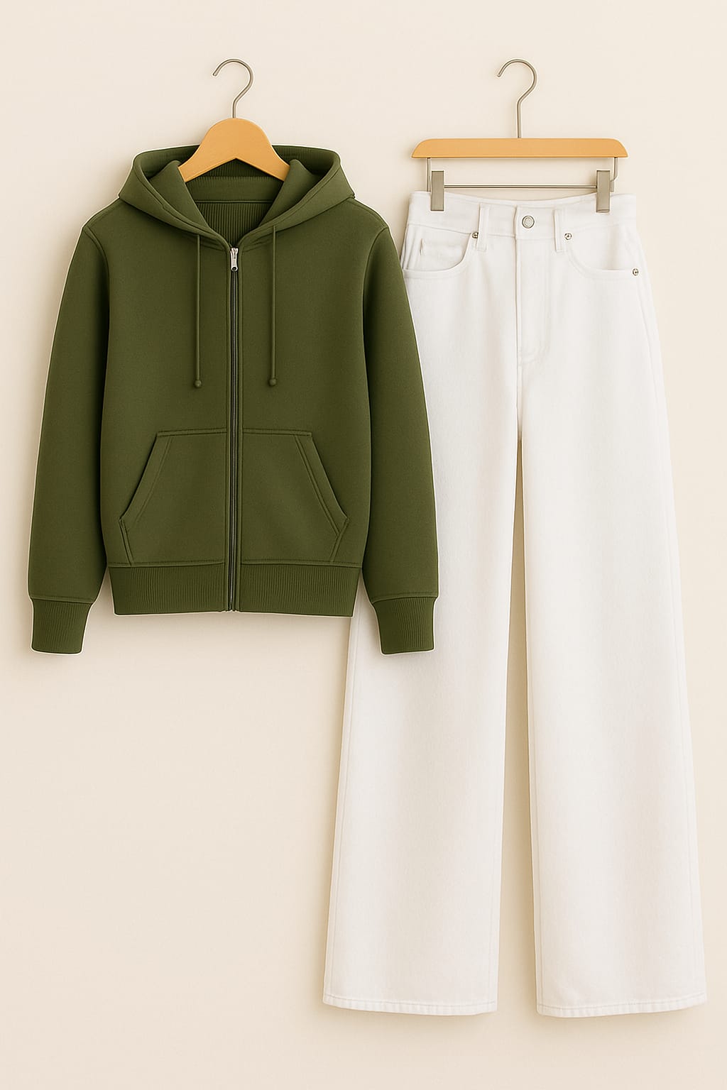 Zipper Hoodie With White Wide Leg Jeans