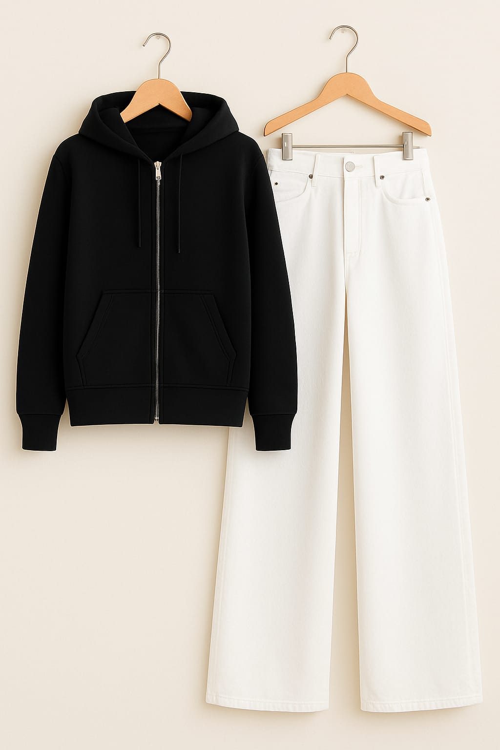 Zipper Hoodie With White Wide Leg Jeans