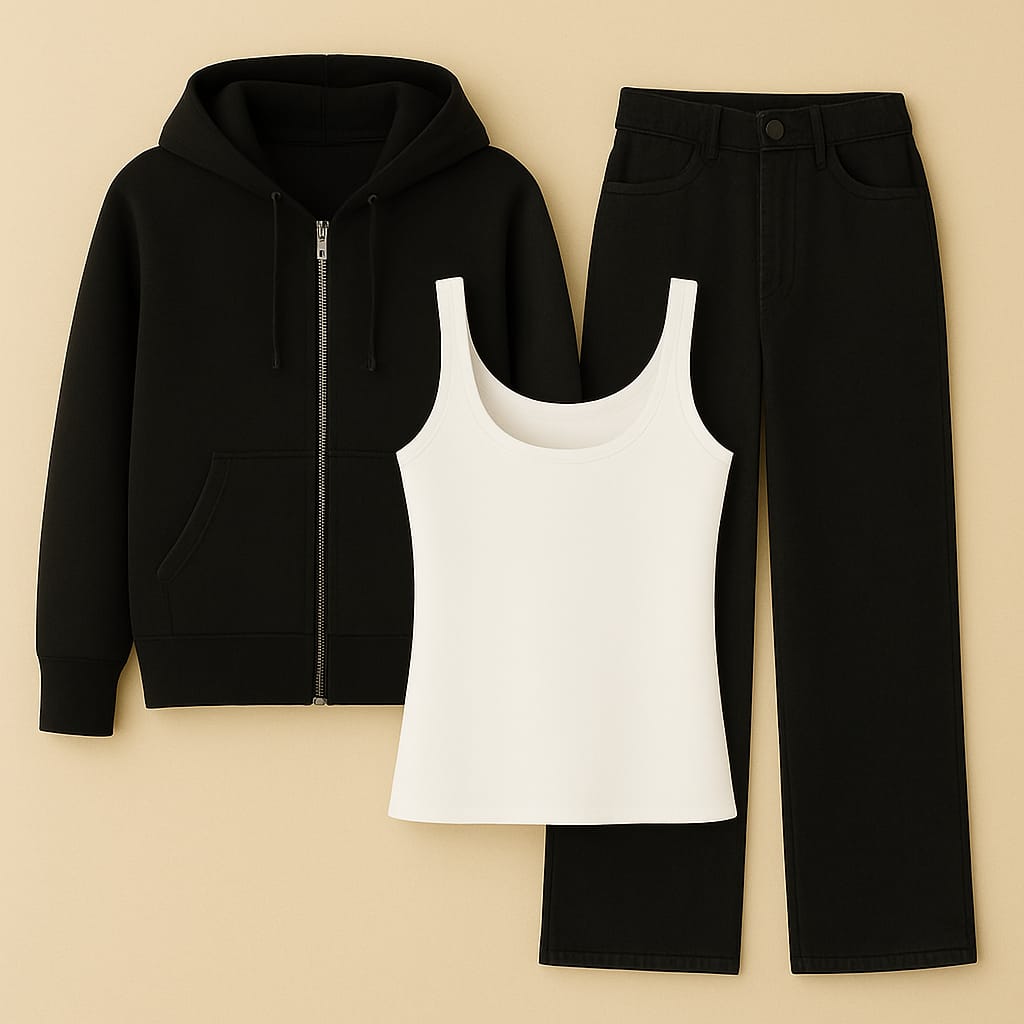 Zipper Hoodie With Inner & Black Wide Leg Jeans