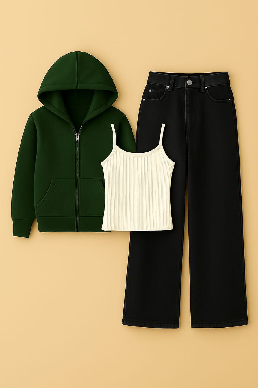 Zipper Hoodie With Inner & Black Wide Leg Jeans