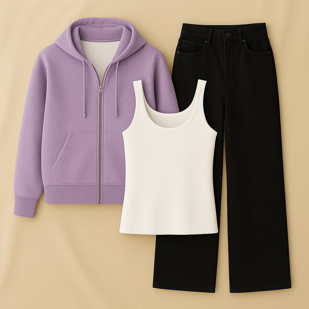 Zipper Hoodie With Inner & Black Wide Leg Jeans