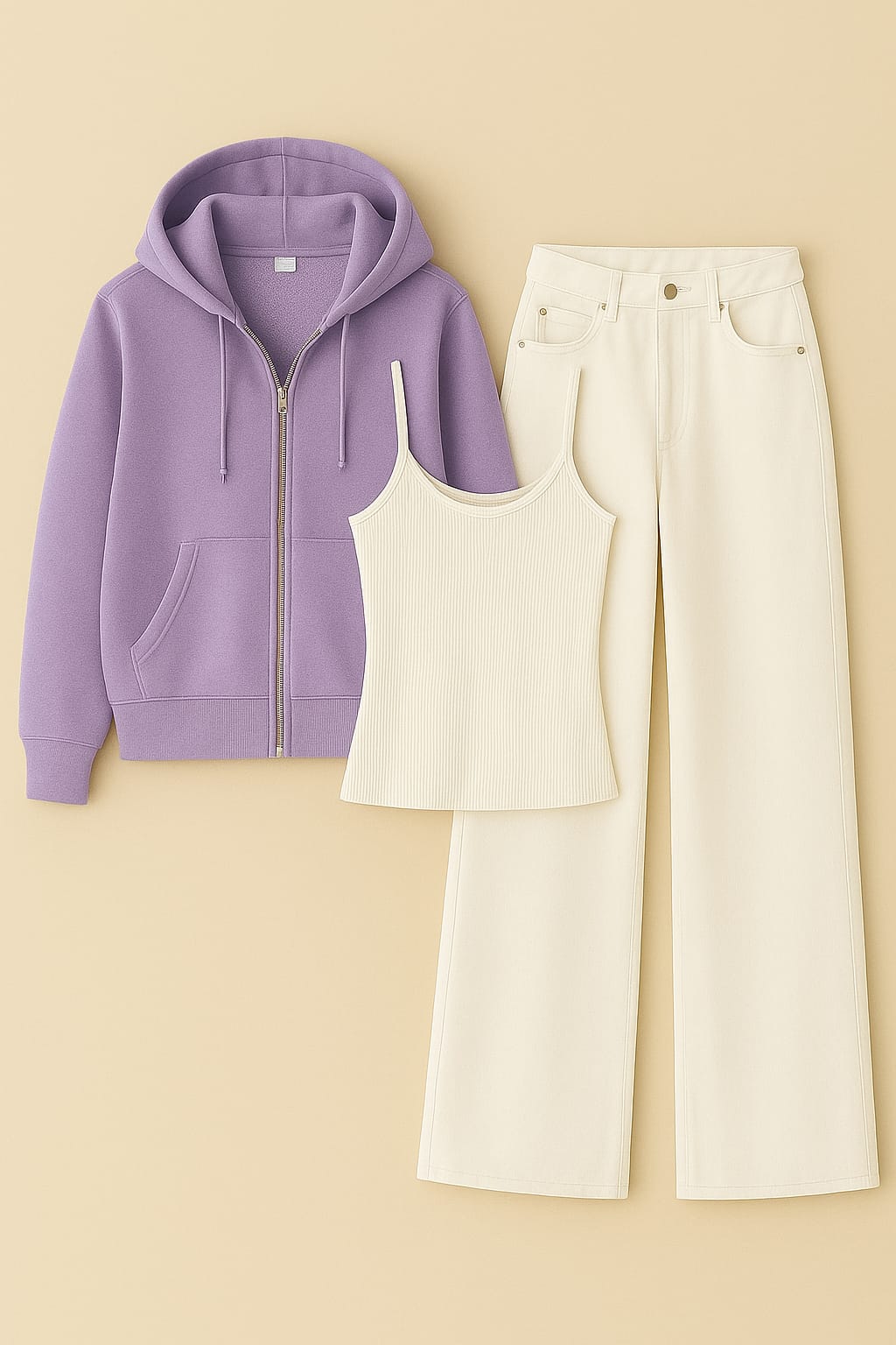 ZIipper Hoodie With Inner & White Wide Leg Jeans