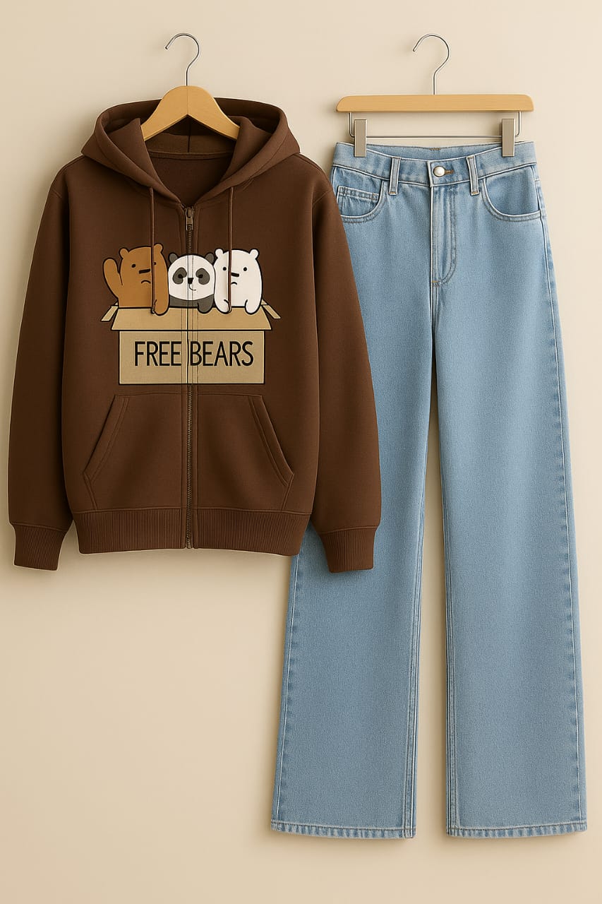 Brown Zipper Hoodie With Iceblue Wide Leg