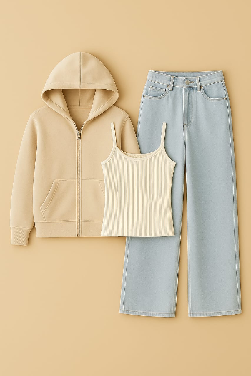 Zipper Hoodie With Inner & Ice Blue Wide Leg Jeans