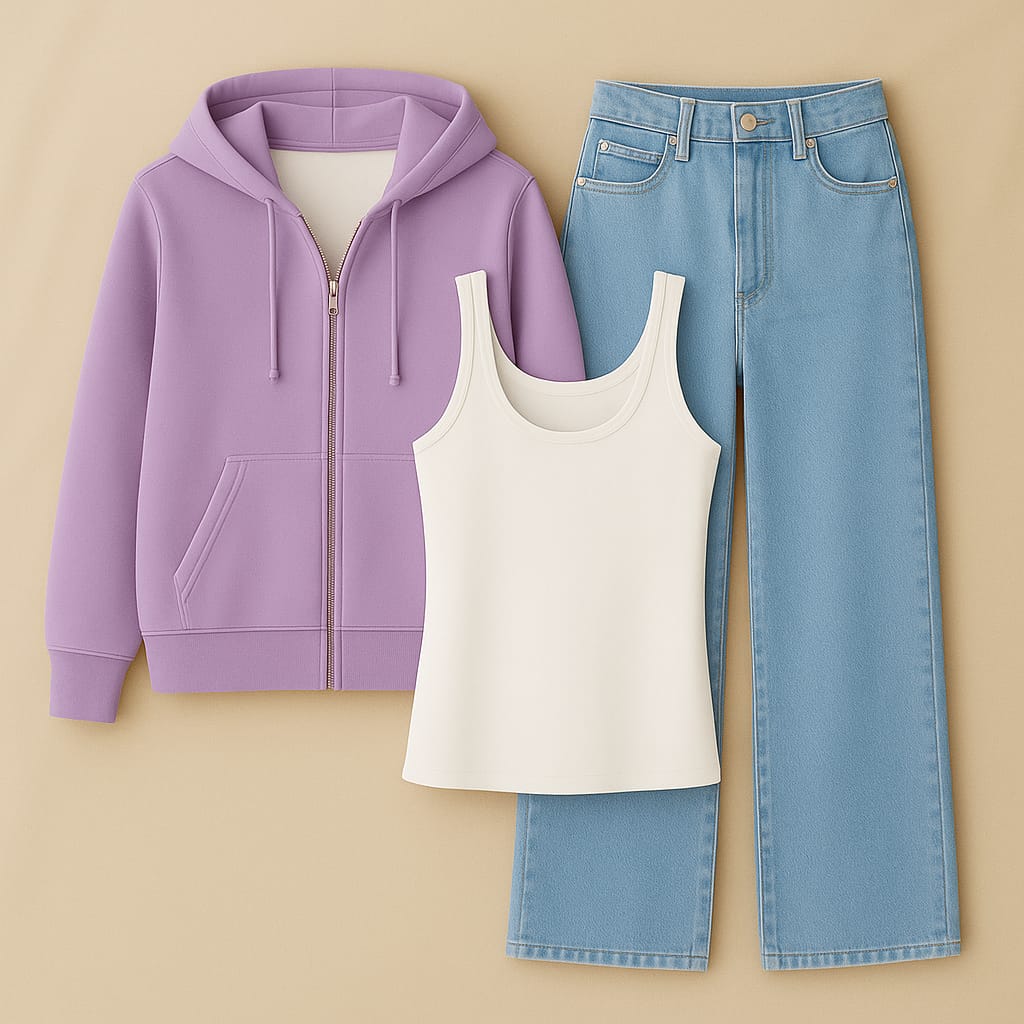 Zipper Hoodie With Inner & Ice Blue Wide Leg Jeans