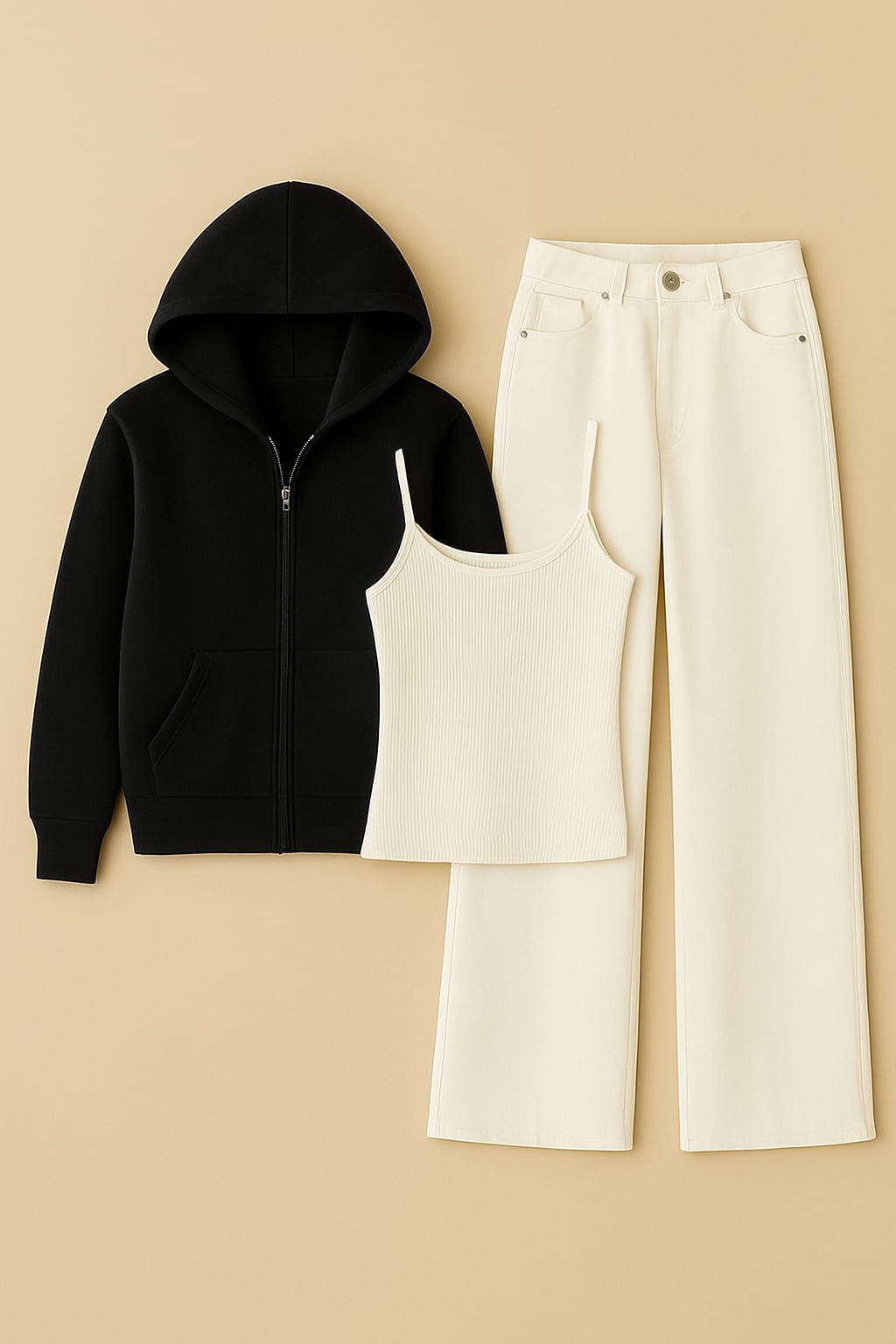 ZIipper Hoodie With Inner & White Wide Leg Jeans