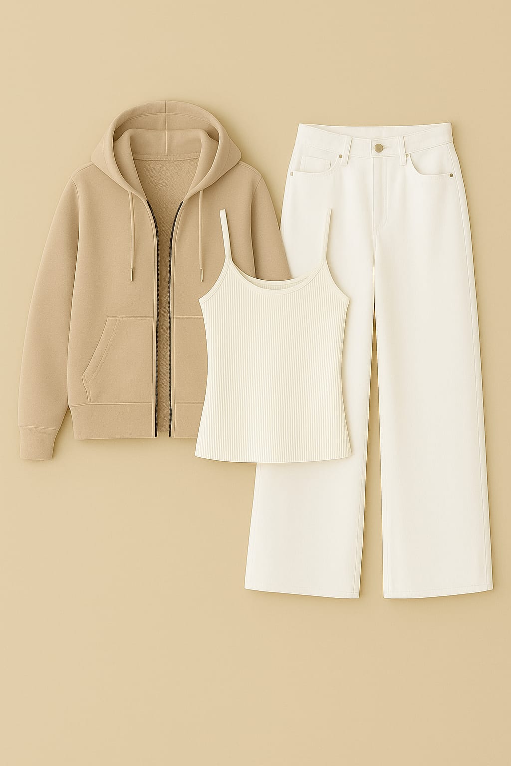 ZIipper Hoodie With Inner & White Wide Leg Jeans