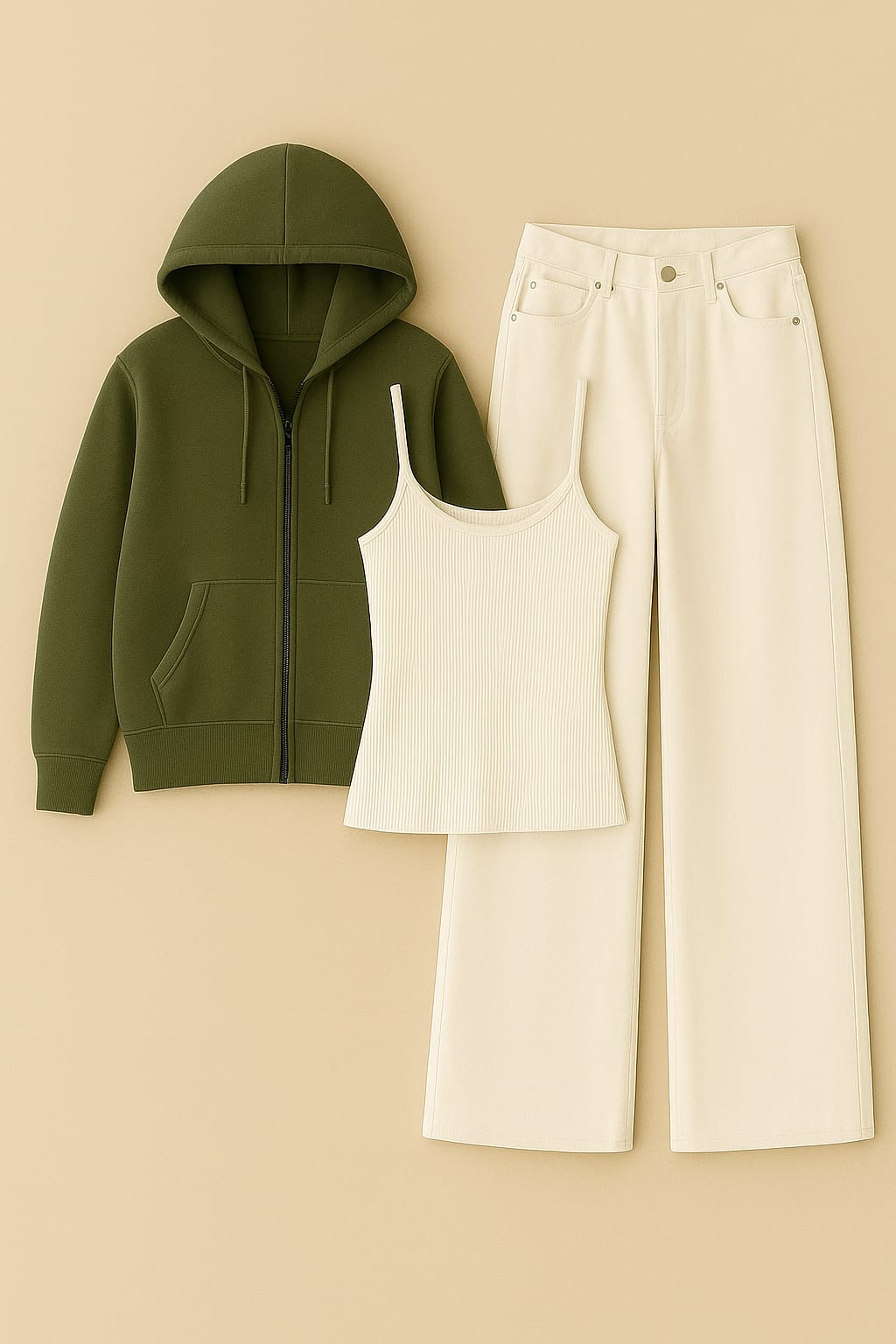 ZIipper Hoodie With Inner & White Wide Leg Jeans