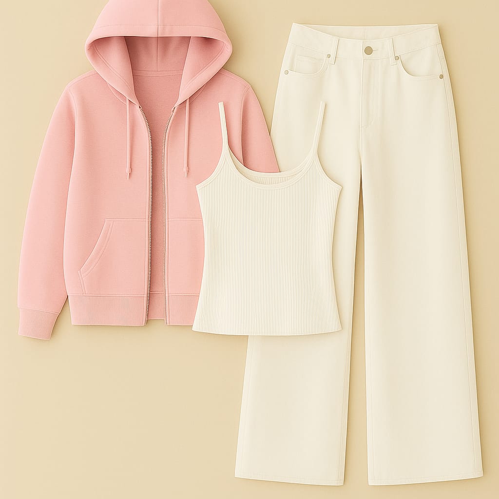 ZIipper Hoodie With Inner & White Wide Leg Jeans