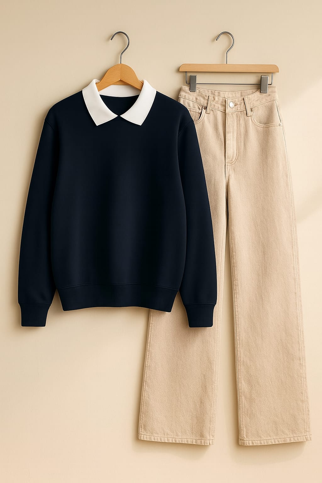 Collared Sweatshirt with Beige Wide Leg Jeans
