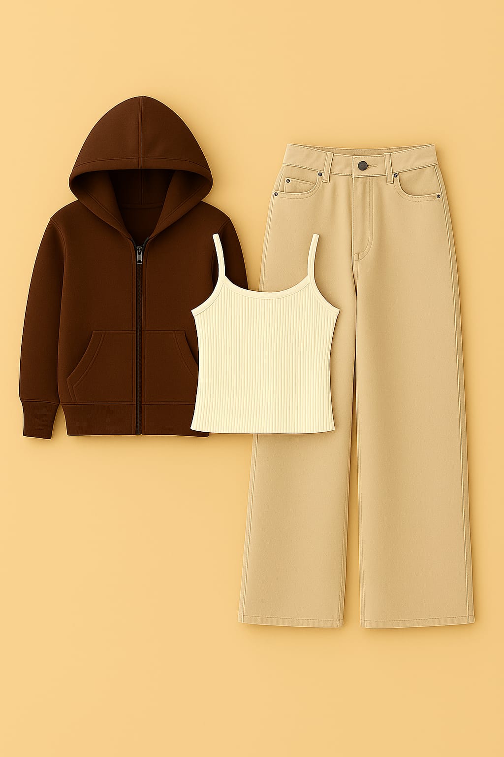 ZIipper Hoodie With Inner & Beige Wide Leg Jeans