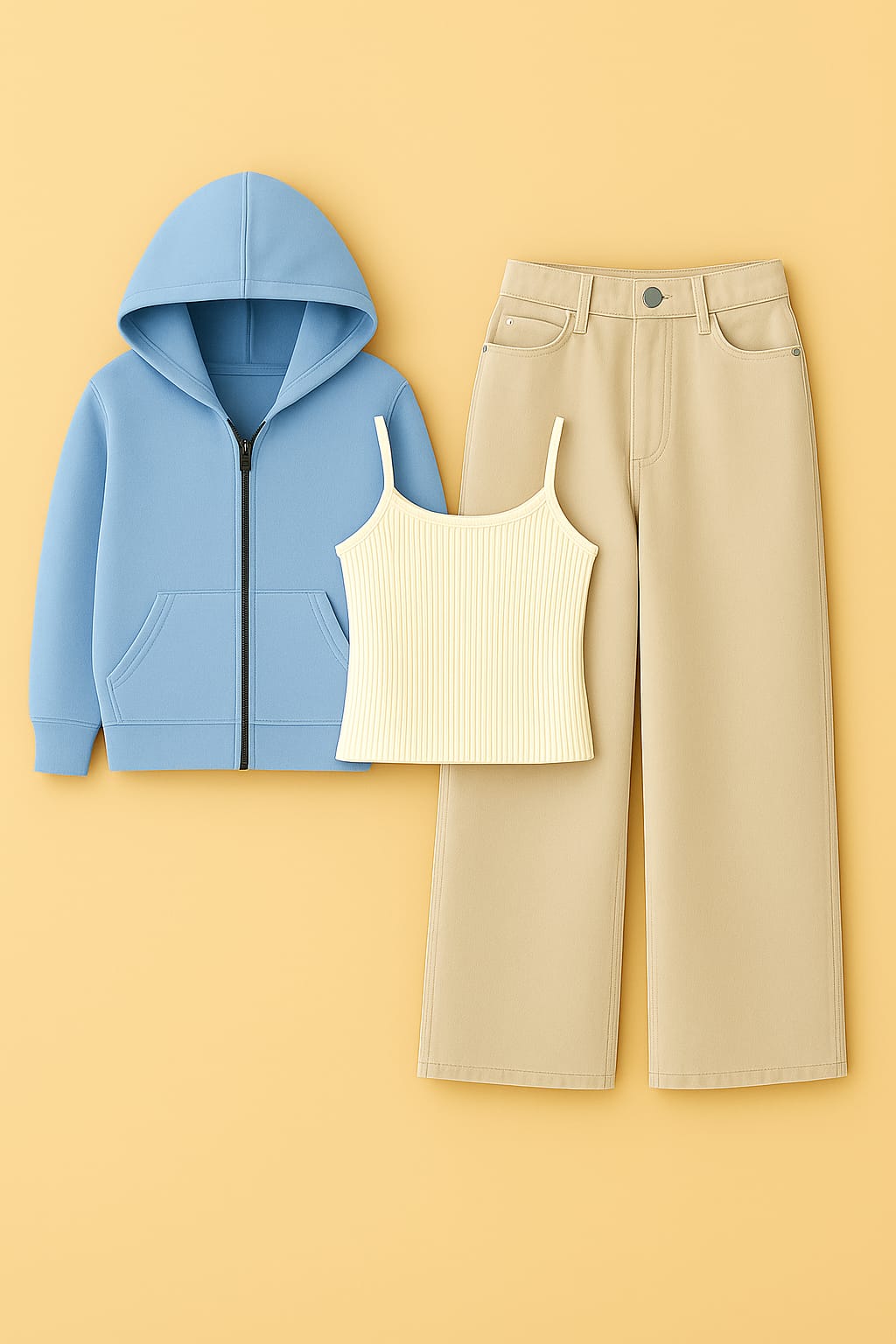 ZIipper Hoodie With Inner & Beige Wide Leg Jeans