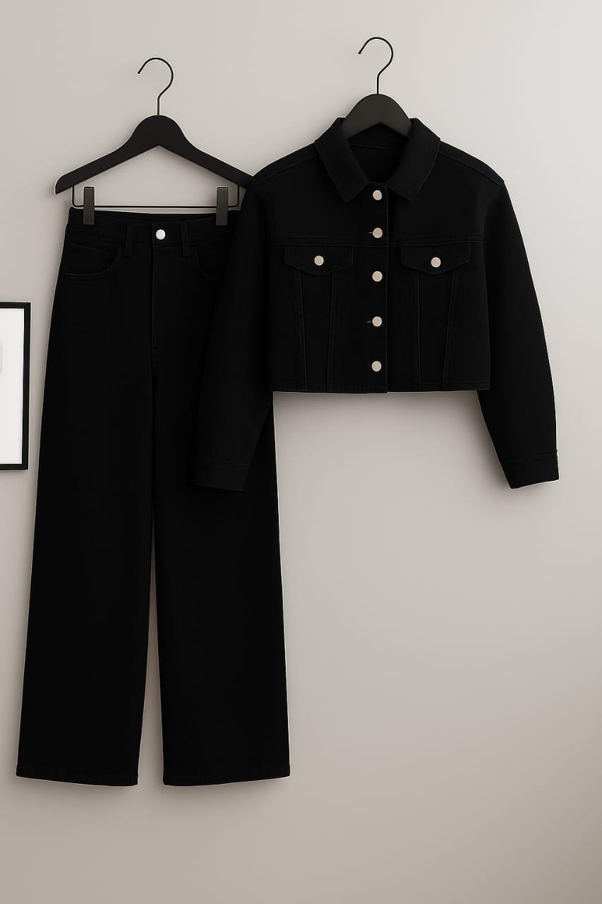 Crop Denim Jacket With Wide Leg Jeans