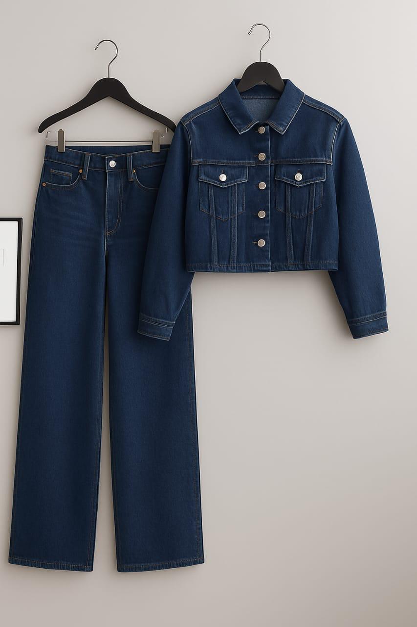 Crop Denim Jacket With Wide Leg Jeans